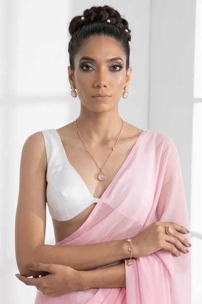 Dhiyona ST White with Pink Chiffon Saree and Blouse Fabric
