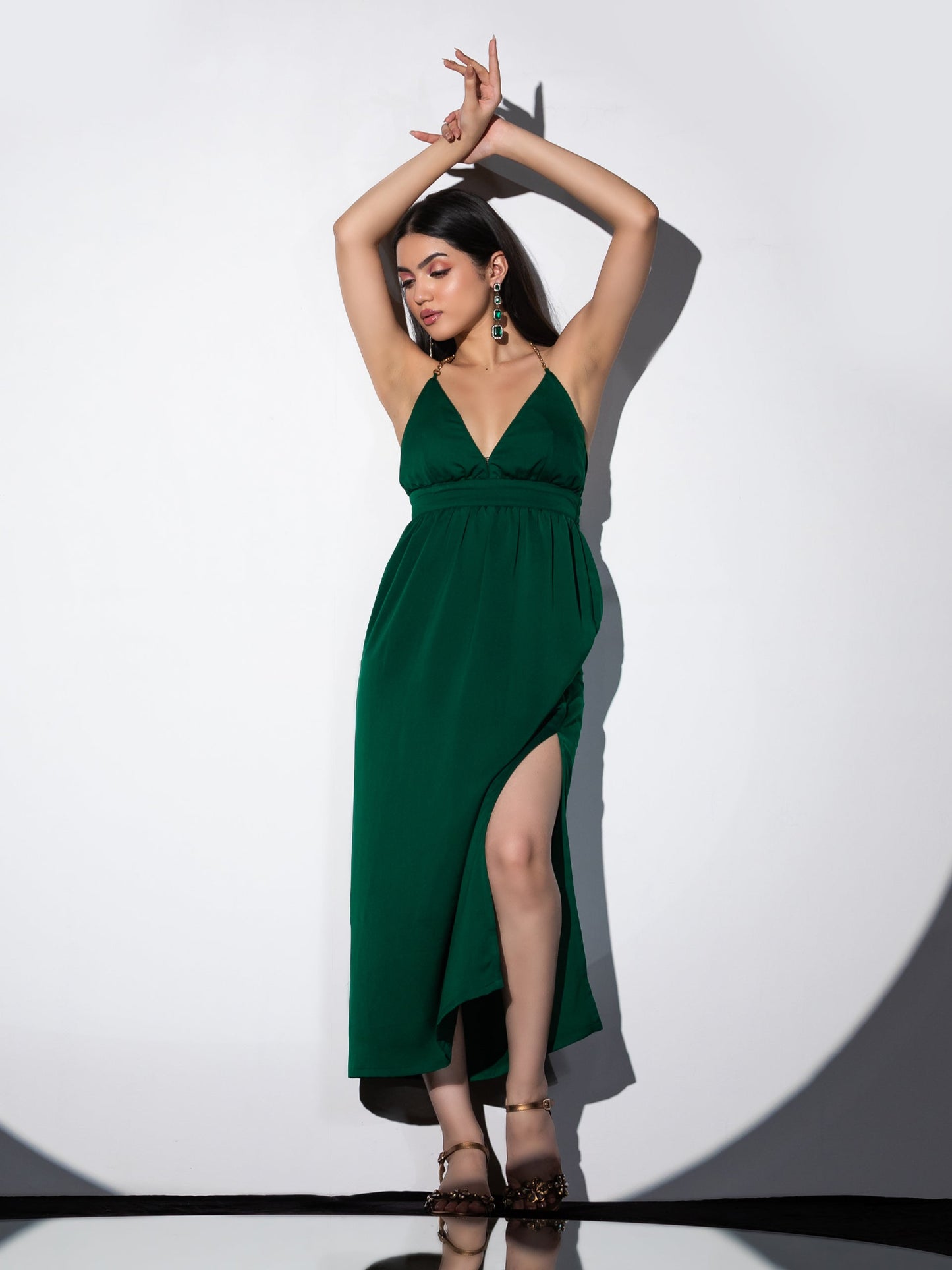 Dhiyona ST Women's Metal Strap Korean Emerald Dress Set with Satin Organza Cape 2 Piece Set | A-Line, V Neck, Sleeveless, Partywear, (Satin Organza)