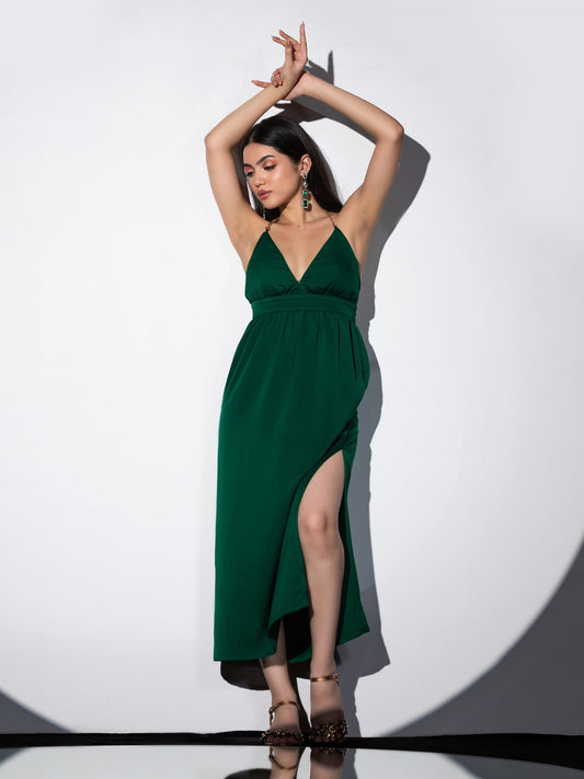 Dhiyona ST Women's Metal Strap Korean Emerald Dress Set with Satin Organza Cape 2 Piece Set | A-Line, V Neck, Sleeveless, Partywear, (Satin Organza)