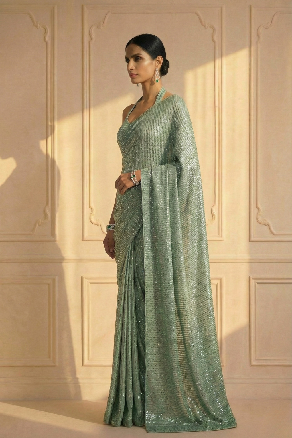Dhiyona ST Candy Mint Knitted Sequin Saree with Blouse Fabric