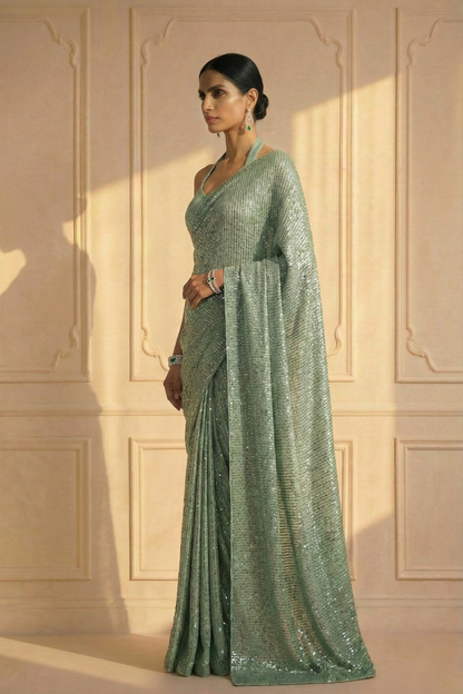 Dhiyona ST Candy Mint Knitted Sequin Saree with Blouse Fabric