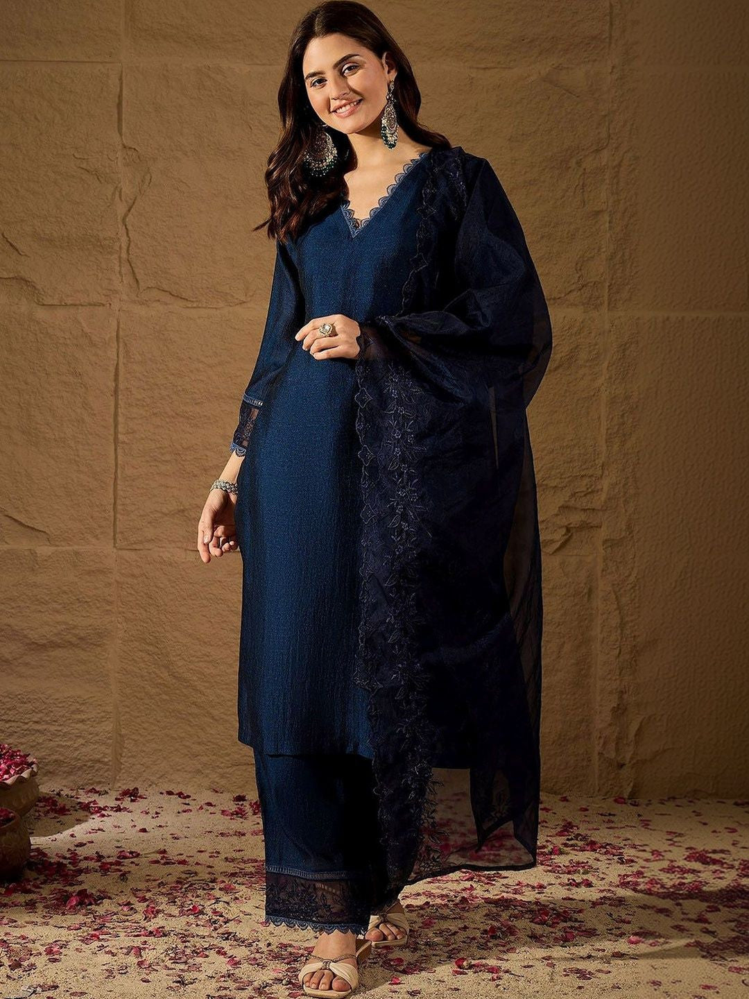 Women Ethnic Motifs Regular Thread Work Chanderi Silk Kurta with Palazzos & With Dupatta