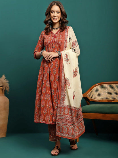 Printed & Embroidered Anarkali Kurta With Trouser & Dupatta Set
