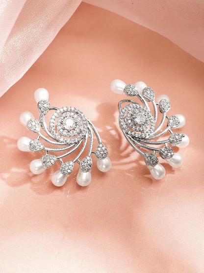 Dhiyona RJ Women's Silver-Plated Pearls & Cubic Zirconia Studded Oversized Premium Floral Stud Earring