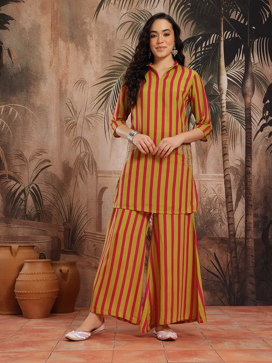Vertically Striped Zari & Sequinned Detail Straight Kurti with Palazzos