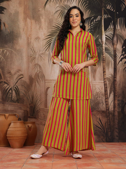 Vertically Striped Zari & Sequinned Detail Straight Kurti with Palazzos