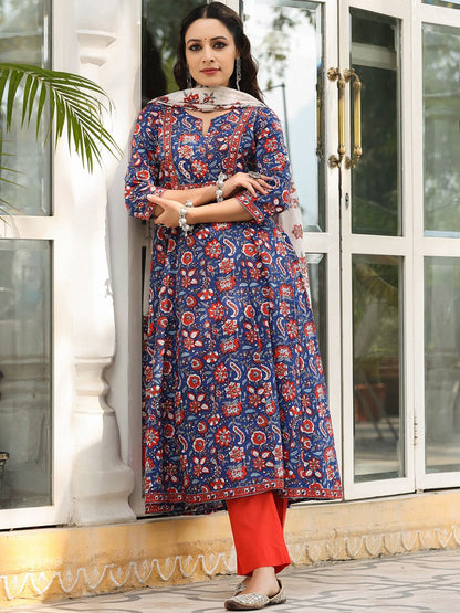 Dhiyona RR Women's Floral Printed Sequinned Pure Cotton Kurta with Trousers & Dupatta