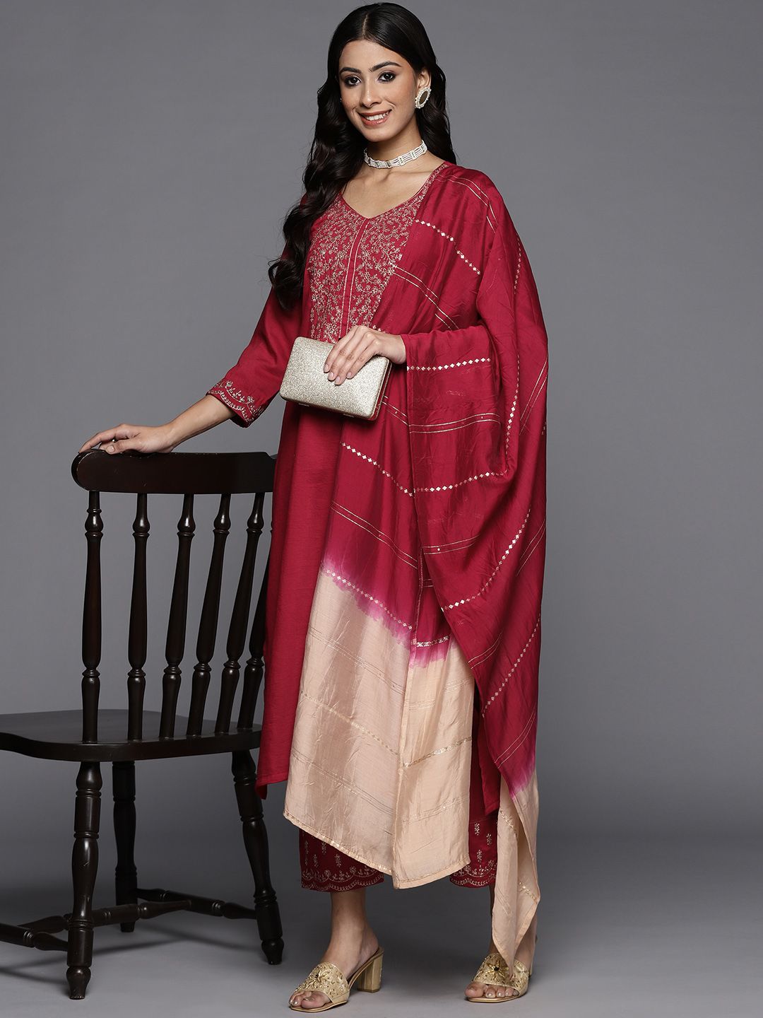 Dhiyona VA Women's Maroon Ethnic Motifs Yoke Design Sequinned Kurta with Trousers & Dupatta