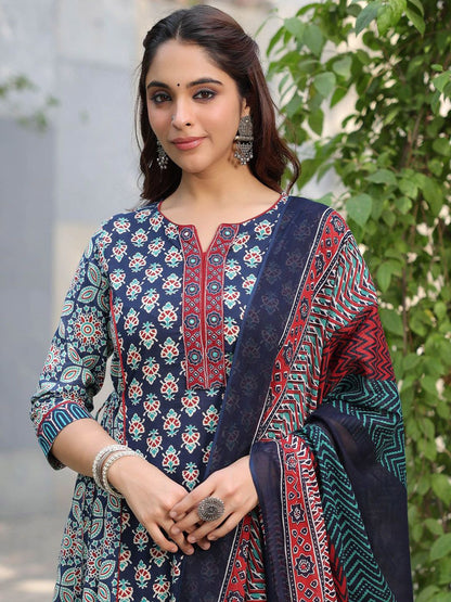 Dhiyona RR Women's Ethnic Motifs Printed Regular Beads and Stones Pure Cotton Kurta with Trousers & With