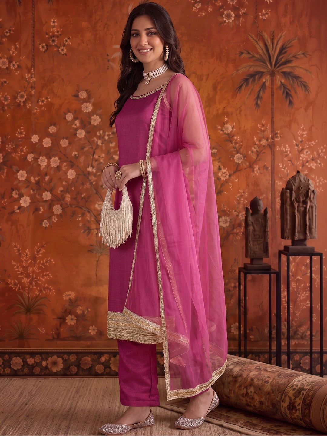 Silk Blend Round Neck Kurta & Trousers With Dupatta