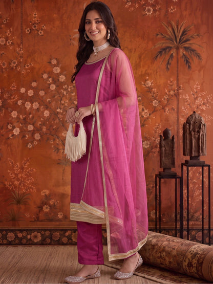 Silk Blend Round Neck Kurta & Trousers With Dupatta