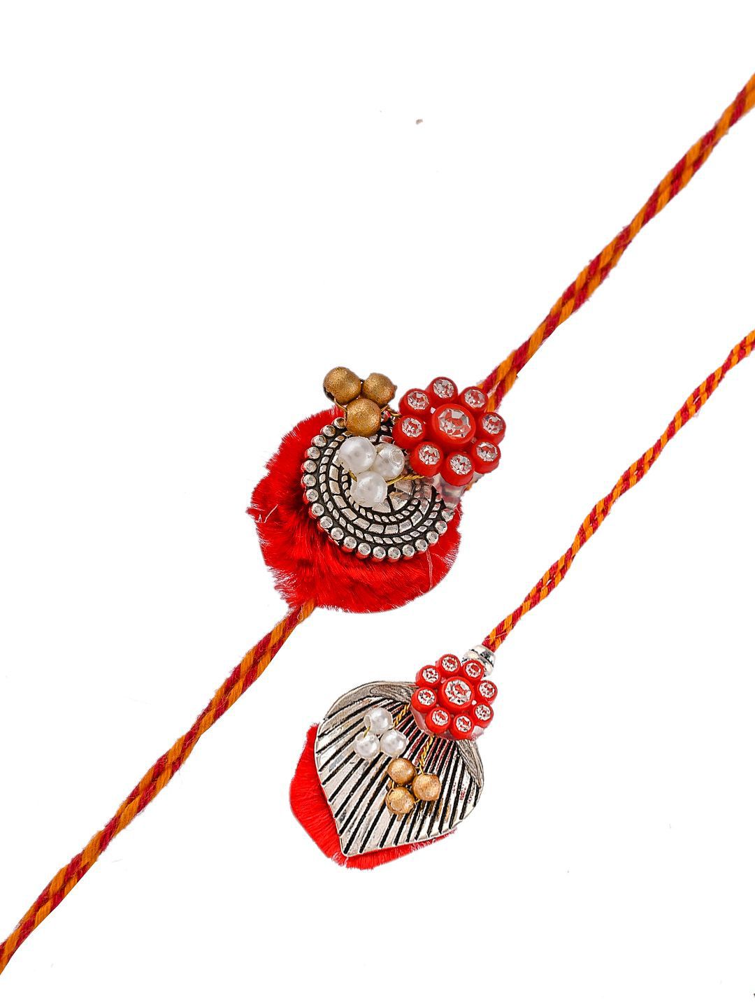 Dhiyona Red Beaded Bhaiya Bhabhi Rakhi With Roli Chawal & Greeting Card