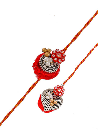 Dhiyona Red Beaded Bhaiya Bhabhi Rakhi With Roli Chawal & Greeting Card