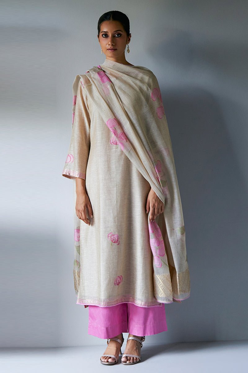 Women's Beige and Pink Woven Kurta Suit Set With Delicate Hand Work Detailing