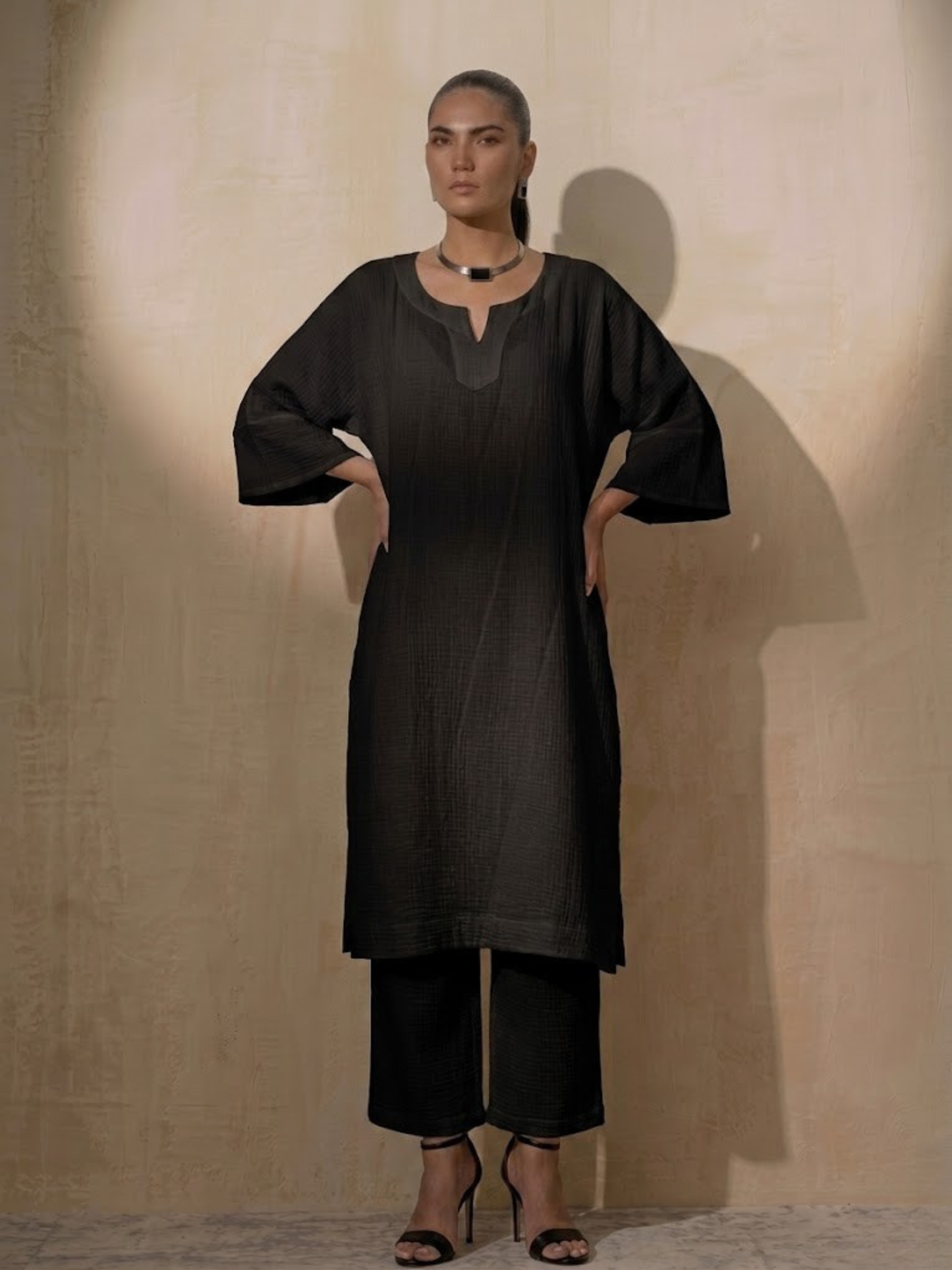 Dhiyona ST 2 pc Set - Black Easy Addictive Travel Airflow Kurta and Pant Set
