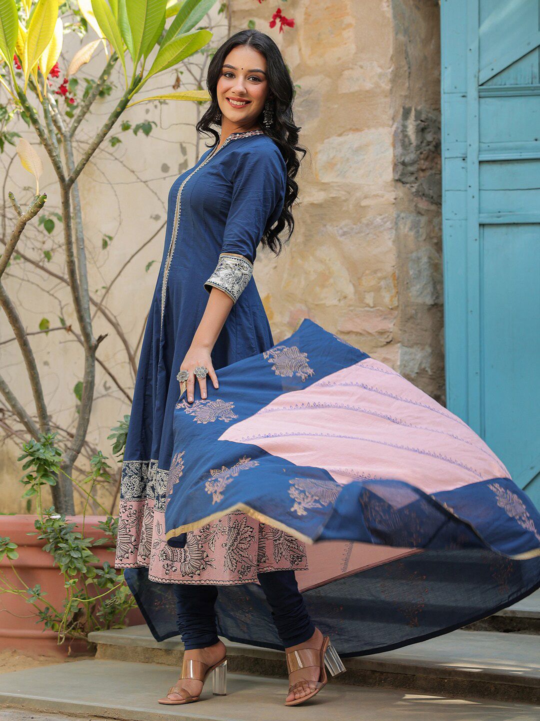 Dhiyona RR Women's Ethnic Motifs Printed Pure Cotton Anarkali Kurta With Churidar & Dupatta