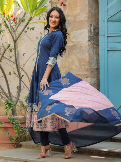 Dhiyona RR Women's Ethnic Motifs Printed Pure Cotton Anarkali Kurta With Churidar & Dupatta