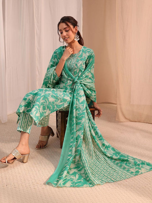 Women Floral Printed Regular Thread Work Kurta with Trousers & With Dupatta