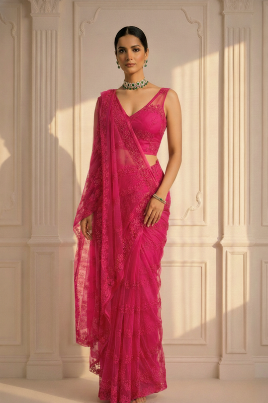 Dhiyona ST Pink Stripe Lace Saree with Sequin and Blouse Fabric
