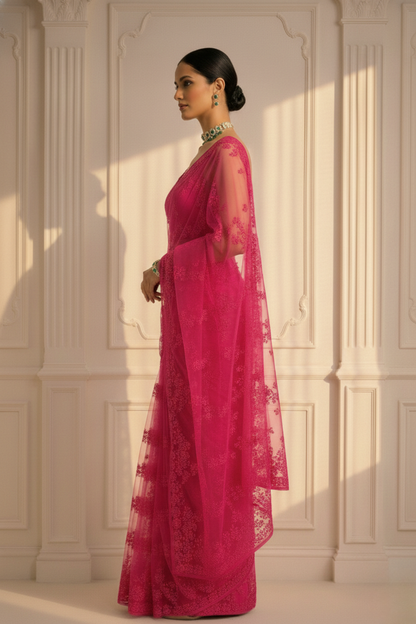 Dhiyona ST Pink Stripe Lace Saree with Sequin and Blouse Fabric