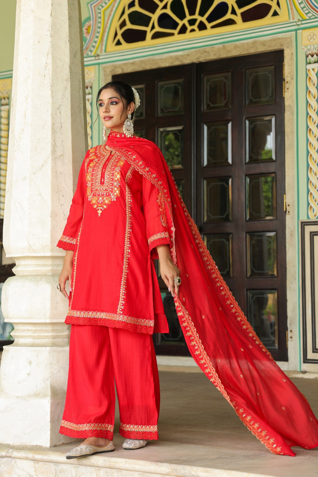 Okra Scarlet full work mul chanderi suit set