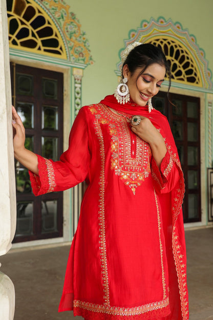 Okra Scarlet full work mul chanderi suit set