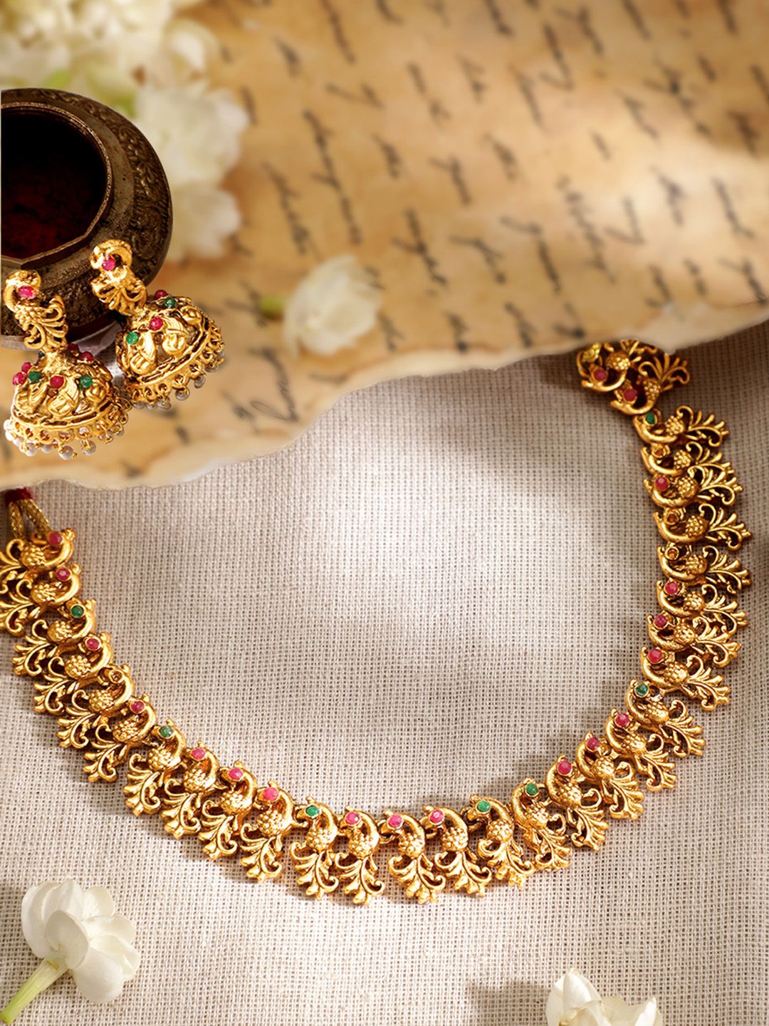 Dhiyona RJ Women's 22K Gold-Plated Ruby Red & Emerald Green Studded Temple Necklace Jewelry Set