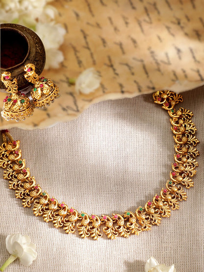 Dhiyona RJ Women's 22K Gold-Plated Ruby Red & Emerald Green Studded Temple Necklace Jewelry Set