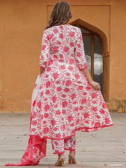 Dhiyona KL Floral Printed Regular Pure Cotton Anarkali Kurta with Trousers & Dupatta