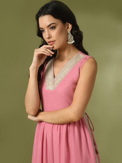 Embroidered Sequined A-Line Kurta With Trousers