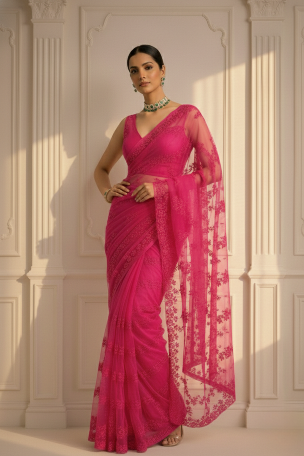 Dhiyona ST Pink Stripe Lace Saree with Sequin and Blouse Fabric