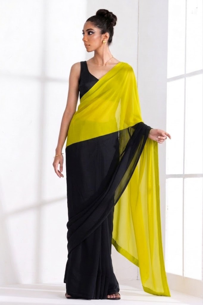 Dhiyona ST Black and Yellow Georgette Triangle Saree with Blouse Fabric