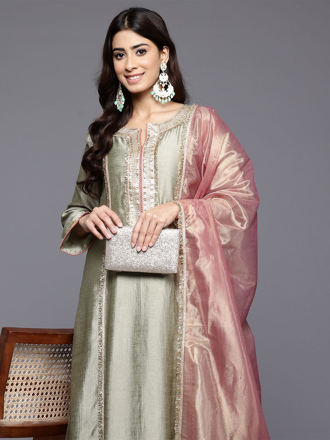 Green Floral Yoke Design Sequinned Panelled Anarkali Kurta With Palazzo & Dupatta
