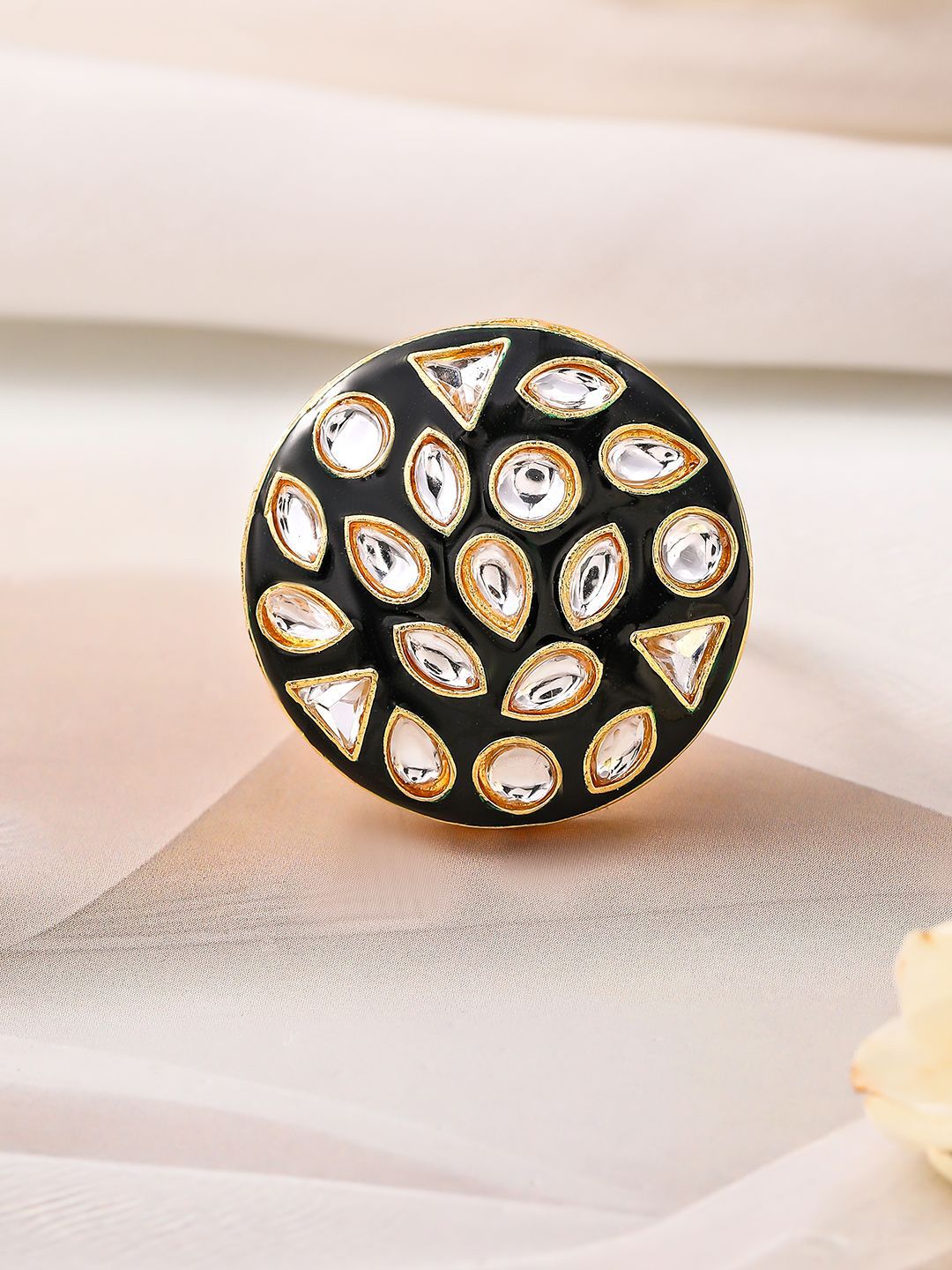 Dhiyona RJ Women's 18K Gold-Plated Black Enamelled and White Kundan Adjustable Ring with Round Design