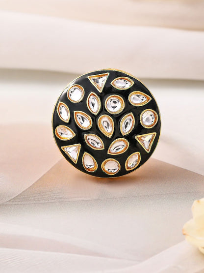 Dhiyona RJ Women's 18K Gold-Plated Black Enamelled and White Kundan Adjustable Ring with Round Design