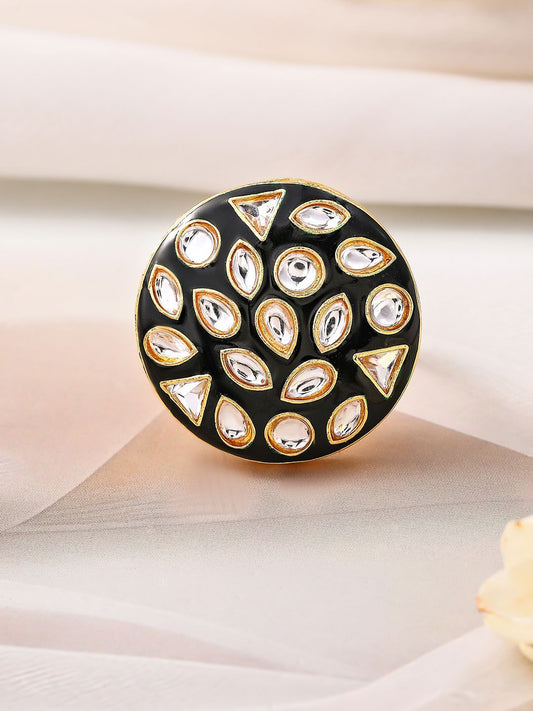 Dhiyona RJ Women's 18K Gold-Plated Black Enamelled and White Kundan Adjustable Ring with Round Design