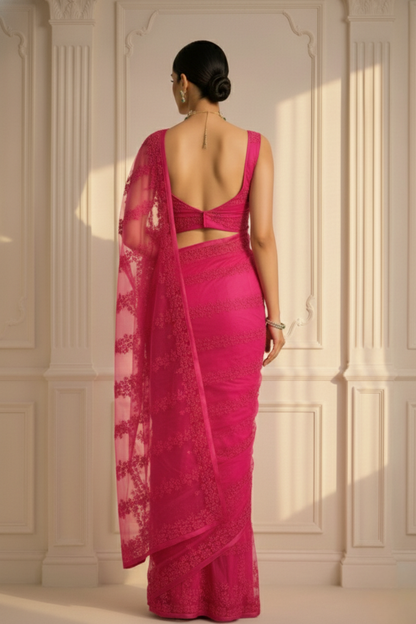 Dhiyona ST Pink Stripe Lace Saree with Sequin and Blouse Fabric