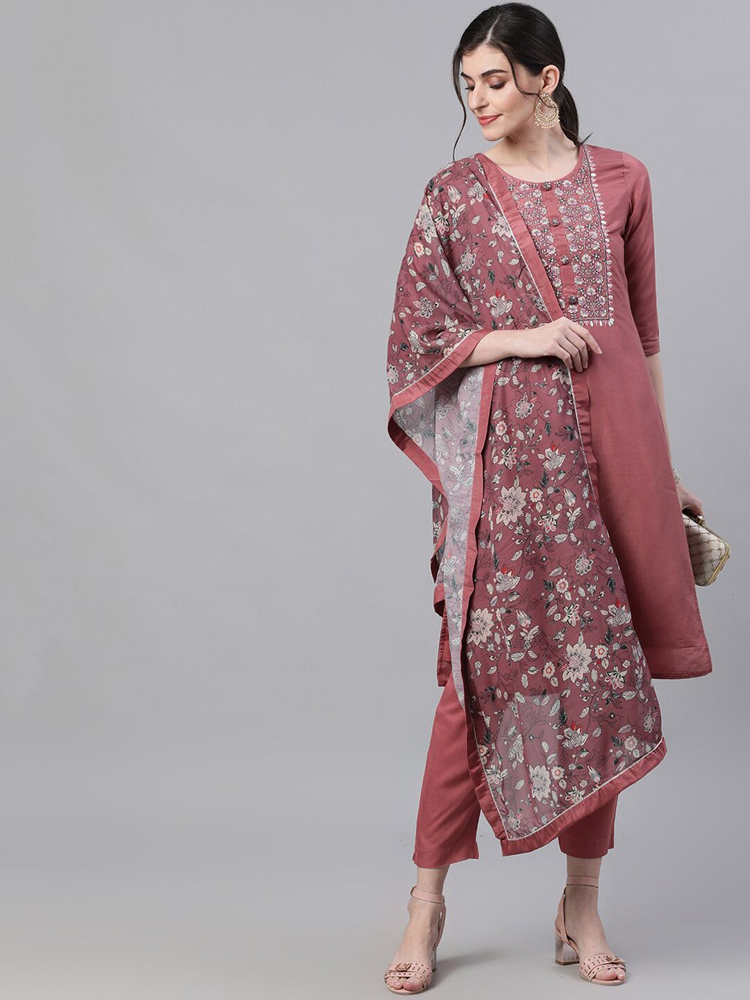 Dhiyona IS Women's Women Mauve & White Yoke Design Kurta with Trousers & Dupatta
