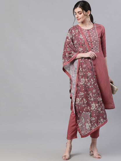 Dhiyona IS Women's Women Mauve & White Yoke Design Kurta with Trousers & Dupatta