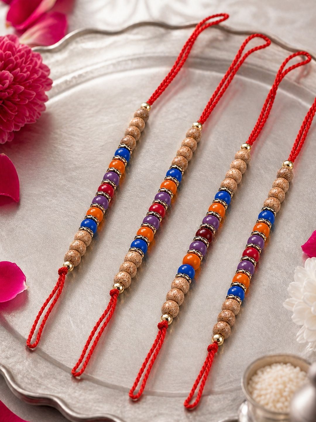 Dhiyona Set Of 4 Multicolor Circular Beads Studded Thread Rakhi With Roli Chawal Chandan