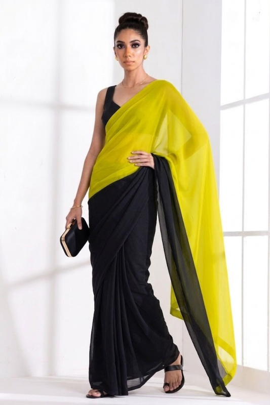Dhiyona ST Black and Yellow Georgette Triangle Saree with Blouse Fabric