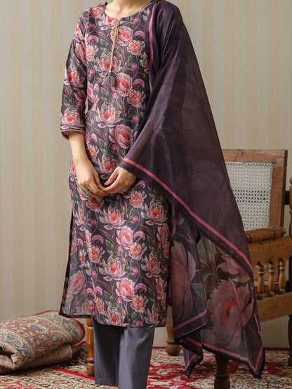 Dhiyona IS Women's Floral Printed Tie-Up Neck Linen Kurta with Trousers & With Dupatta