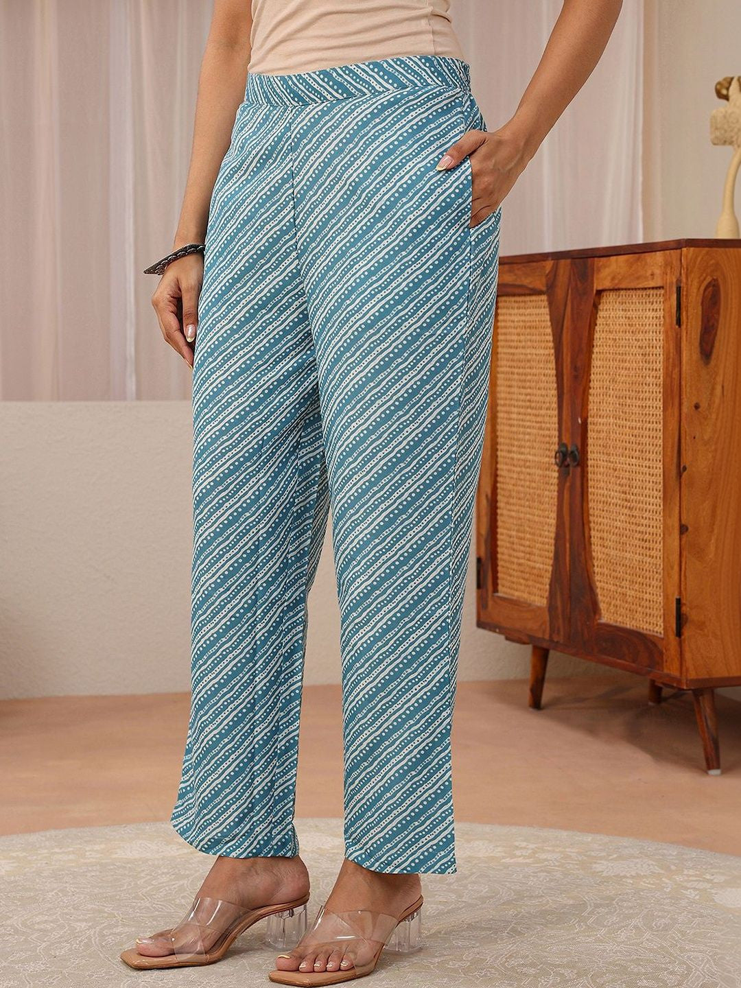 Libas Blue Floral Printed Straight Suit Set