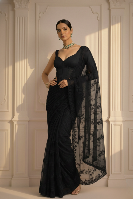 Dhiyona ST Black Stripe Lace Saree with Sequin and Blouse Fabric