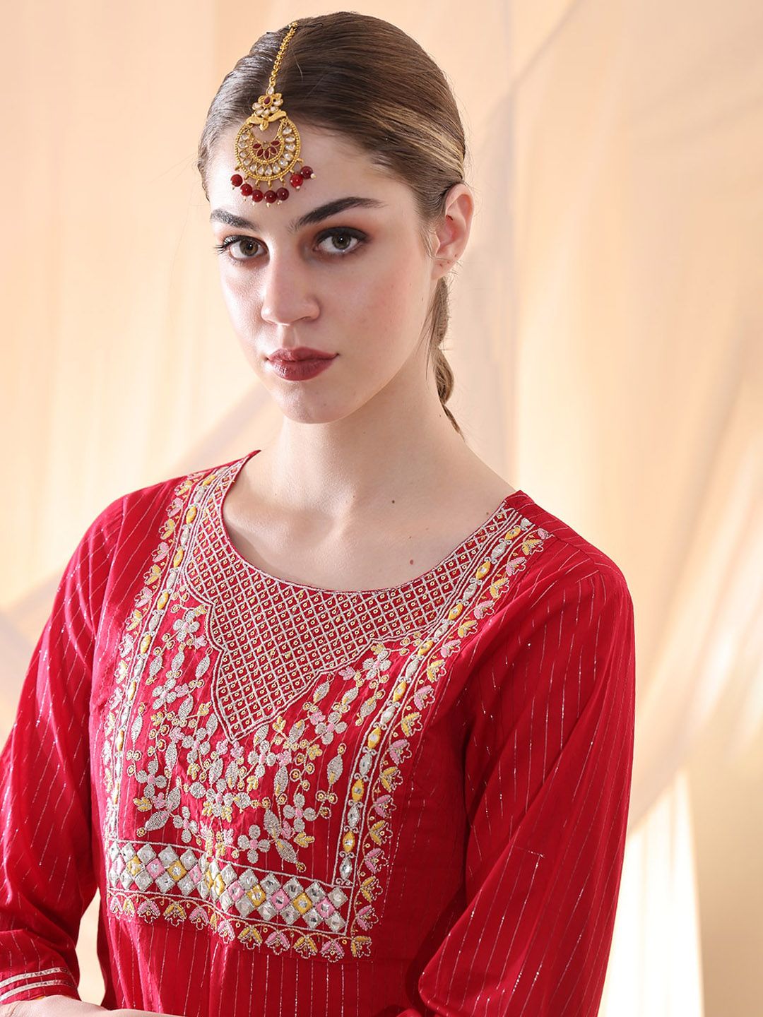 Dhiyona AN Floral Yoke Design Thread Work Pure Cotton Straight Kurta With Sharara & Dupatta