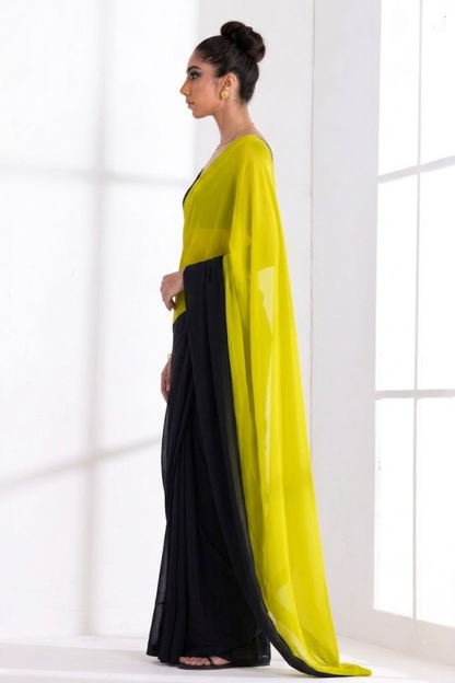 Dhiyona ST Black and Yellow Georgette Triangle Saree with Blouse Fabric