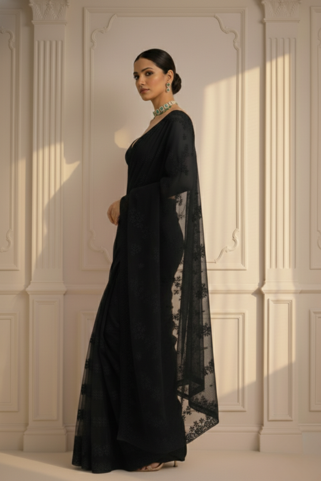 Dhiyona ST Black Stripe Lace Saree with Sequin and Blouse Fabric
