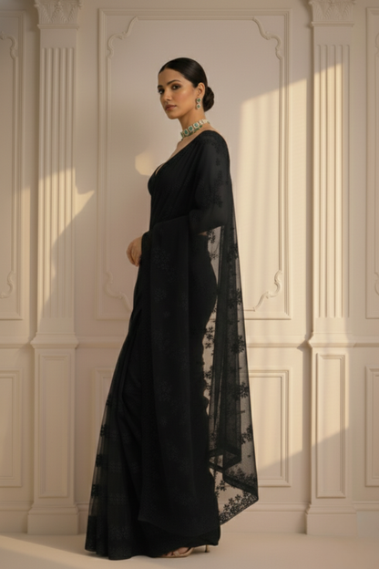 Dhiyona ST Black Stripe Lace Saree with Sequin and Blouse Fabric