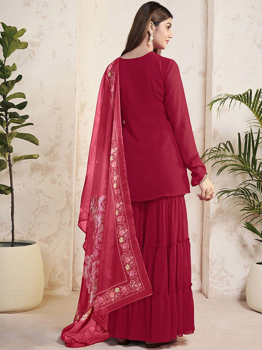 Dhiyona IN Ethnic Motifs Embroidered Sequinned Georgette Straight Kurti With Sharara & Dupatta