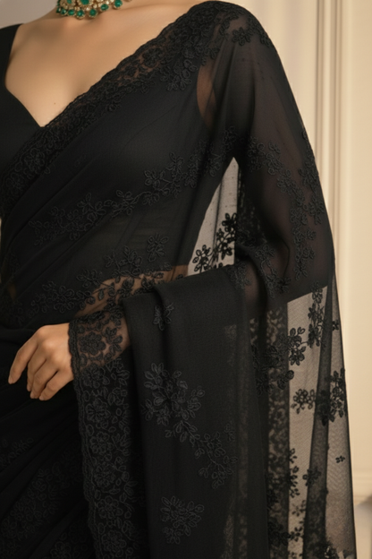 Dhiyona ST Black Stripe Lace Saree with Sequin and Blouse Fabric